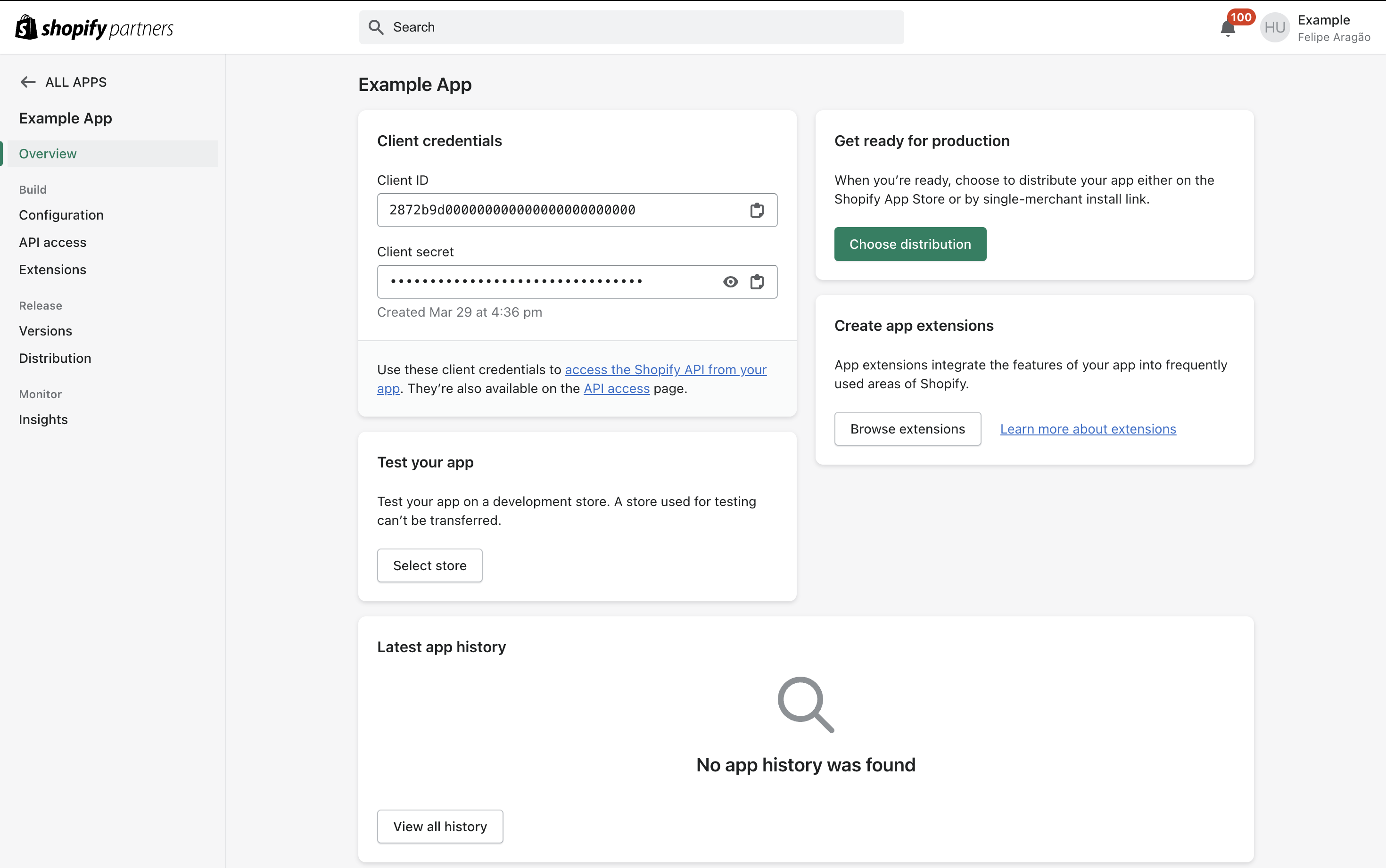 The controls of a newly-created Shopify app, showing the Client ID and secret.